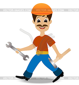 Merry man builder with hammer and wrench in hands - vector clip art