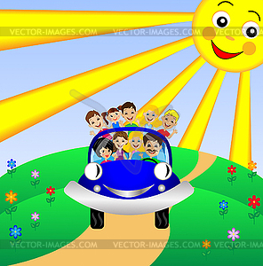 Family go by rest in blue car - vector image