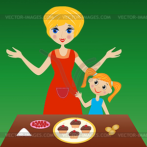 Mother with little daughter prepare delicious cake - vector clip art