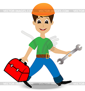 Веселый человек строитель с саквояж и гаечный ключ в руках - графика в векторном формате