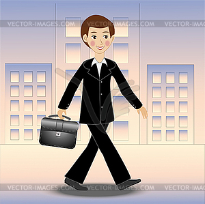 Merry business man walks along street on work - vector clipart