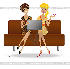 Two slender business woman sit on sofa with notebook - vector image