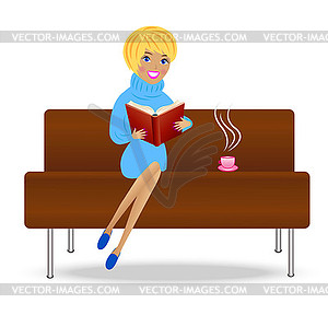 Young woman with book and cup of tea sit on sofa - vector clip art