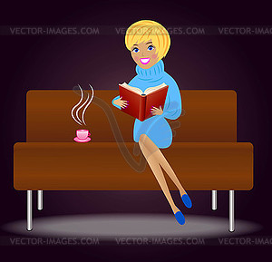 Young woman with book and cup of tea sit on sofa - vector image