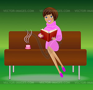 Young woman with book and cup of tea sit on sofa - vector EPS clipart