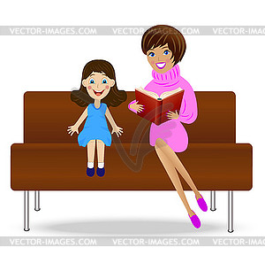 Young woman read book little daughter, sitting on - color vector clipart