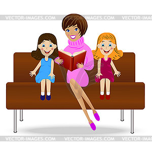 Mother read book two little daughter, sitting on - vector clipart