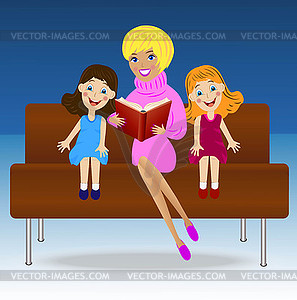 Mother read book two little daughter, sitting on - vector clip art