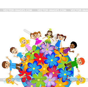 Little child stand round floral planet - vector image