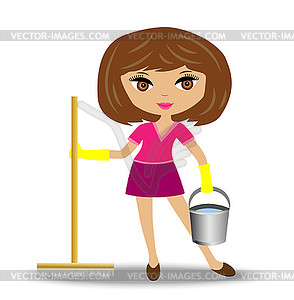 Young woman with mop and bucket in hand - vector image