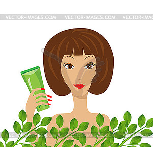 Young woman with tube of cream in hand - vector clipart