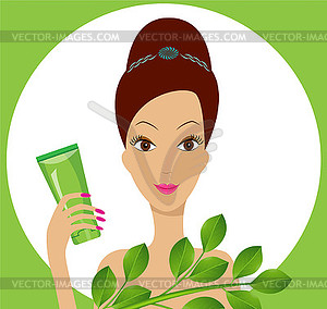 Young woman with tube of cream in hand - stock vector clipart