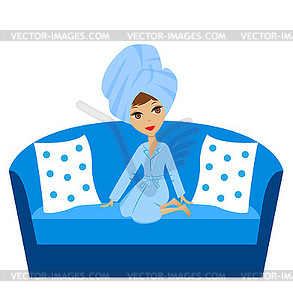 Молодая женщина с полотенцем на голове сидит на диване - векторное изображение