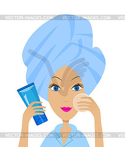 Young woman with towel on head and tube of cream - vector clip art