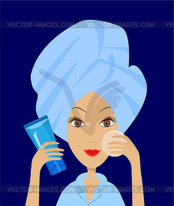 Young woman with tube of cream in hand - vector clip art