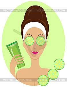 Young woman with cucumbers on eyes - vector clipart