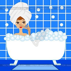 Young woman take bath with foam - vector clipart