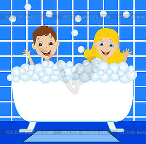 Маленькая девочка и мальчик ванна в ванне с пеной - цветной векторный клипарт