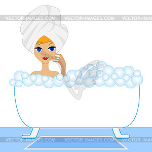 Young woman take bath with foam - vector clip art