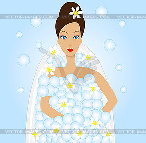 Young woman take bath with foam - vector image