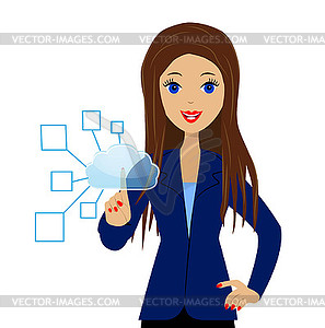 Business woman presses an index finger virtual - vector clip art