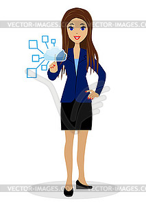 Business woman presses an index finger virtual - vector clipart / vector image