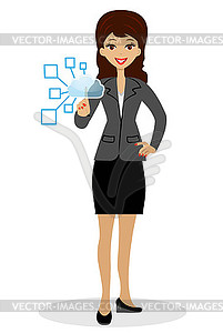 Business woman presses an index finger virtual - vector clipart