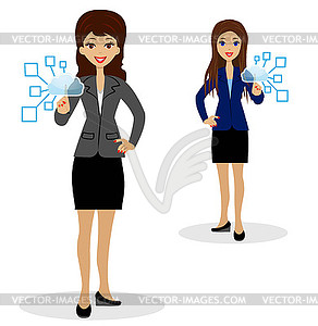 Два деловых женщин нажмите указательным пальцами виртуальный - изображение в векторном виде