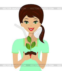 Young woman gets on green sprout hip - vector clip art