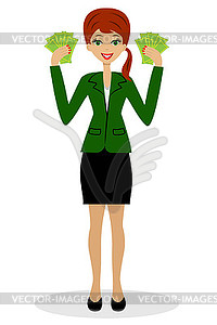 Successful business woman with money in hands - vector clipart