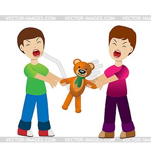 Два мальчика разделить игрушка медведь крик - стоковый клипарт