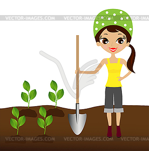 Young woman plants nursery transplant in soil - vector clipart / vector image