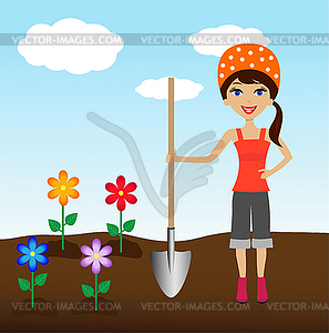 Молодая женщина цветок растение в почве - векторное изображение клипарта