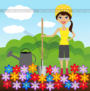 Young woman plant flower in soil - vector image