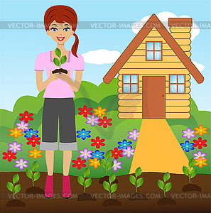 Young woman plant flower in soil - vector image