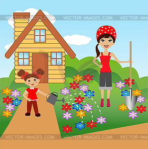 Mother with daughter plant flowers in soil - vector image