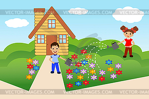 Child pour flowers on summer residence - vector clip art