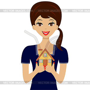 Beautiful young woman gets on hip layout of house - vector image