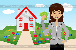 Young woman with money in hands on background new - vector clip art