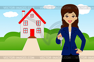 Young woman with key in hands on background new - vector clip art