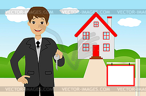 Young man with key in hands on background new house - vector clipart