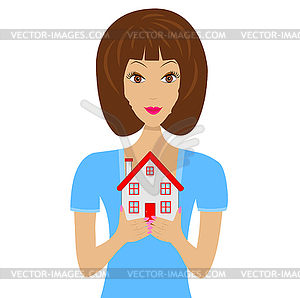 Beautiful young woman gets on hip layout of house - vector clip art