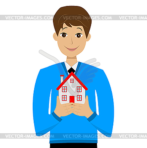 Young man gets on hip layout of house - vector clipart