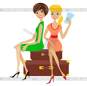 Two young women sit on suitcases - vector clipart