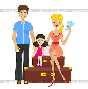 Family sets forth for vacation and sit on suitcases - vector image