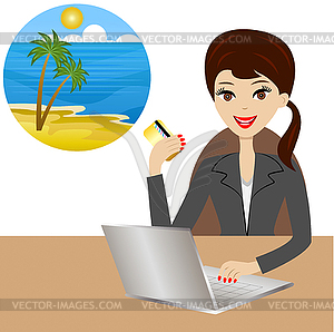 Woman buys tour in vacation after credit card - vector clip art