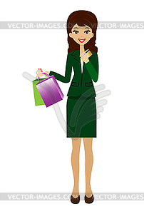Женщина с кредитной карты и покупками в руках - векторный клипарт EPS