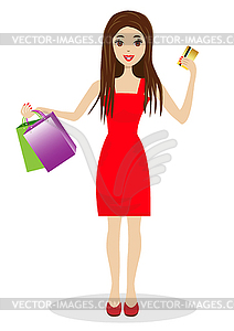 Woman with credit card and purchases in hands - vector image