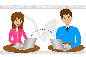 Мужчина и женщина общаются через Интернет - клипарт в формате EPS