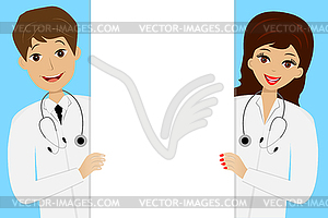 Two young doctors man and woman on blue background - vector clipart